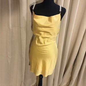 Beginning Boutique Yellow Mini Dress with Pearl Straps